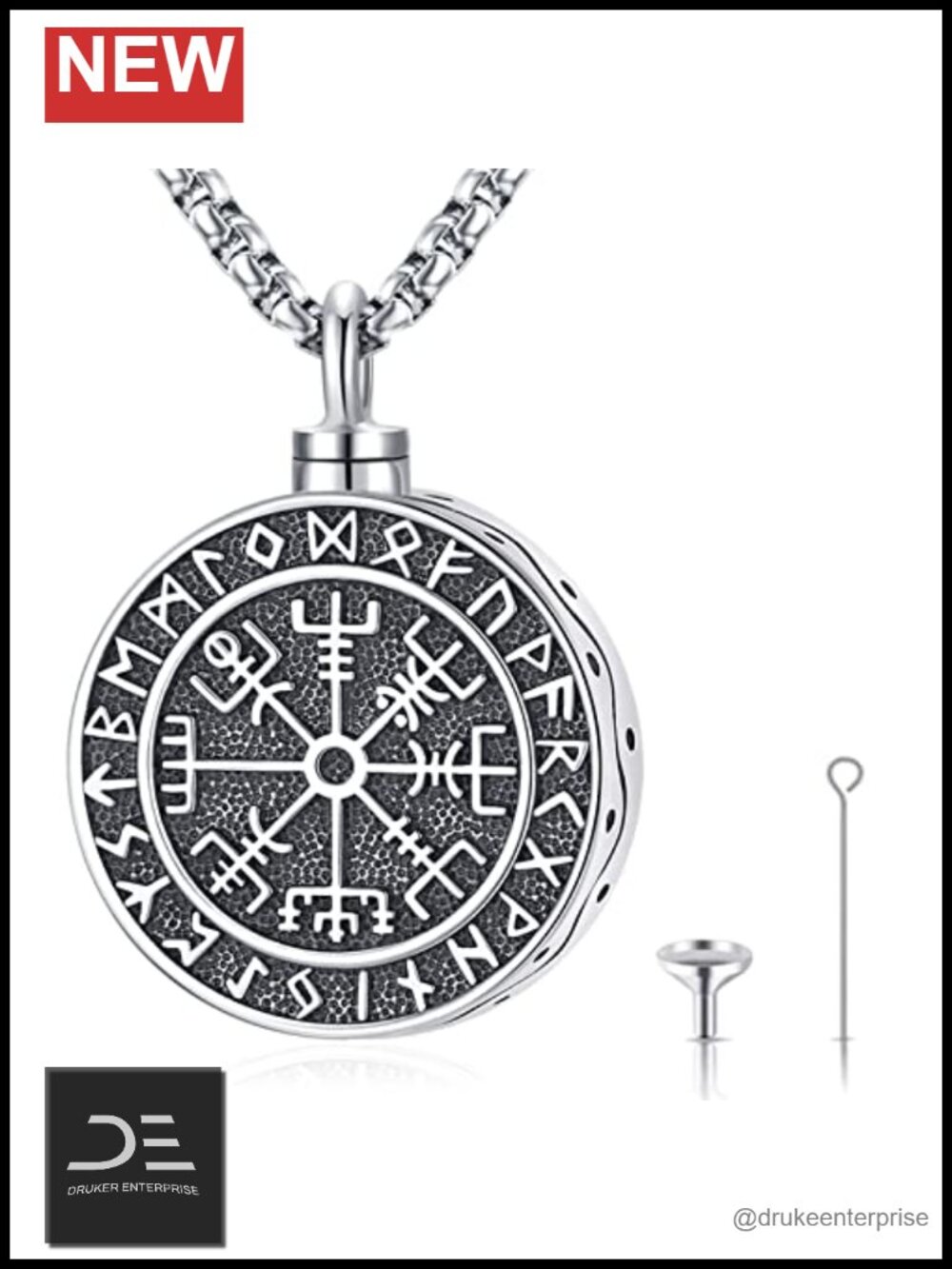 Sterling Silver Cremation Urn Necklace Viking Compass Memorial Pendant